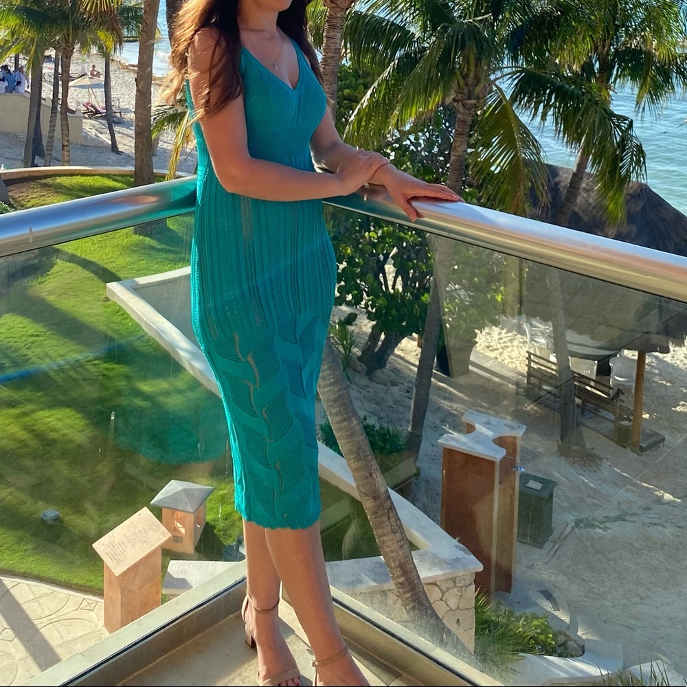 Rich Addiction Green Ribbed Knit See-Through Midi Dress – Size Small